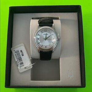 Bulova Silver Dial Black Leather Strap Women's Watch